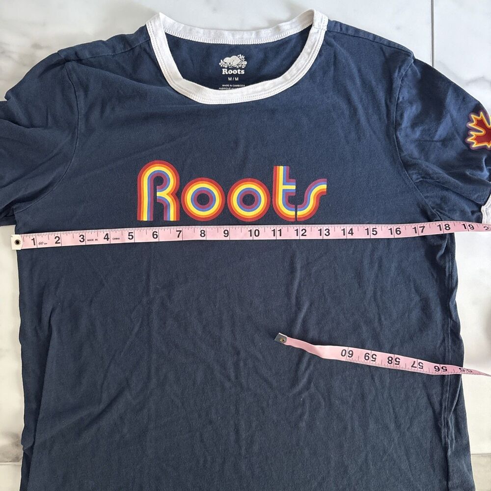 Roots Canada Womens Medium Navy Blue Ringer Tee Retro Rainbow Logo Maple Leaf - Picture 5 of 8
